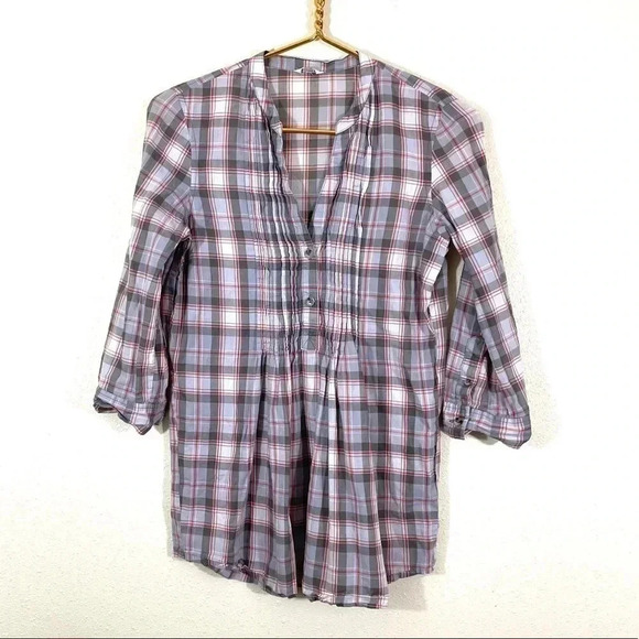 Fossil Tan Plaid Semi-Sheer Shirt Top Size Medium - Picture 1 of 6